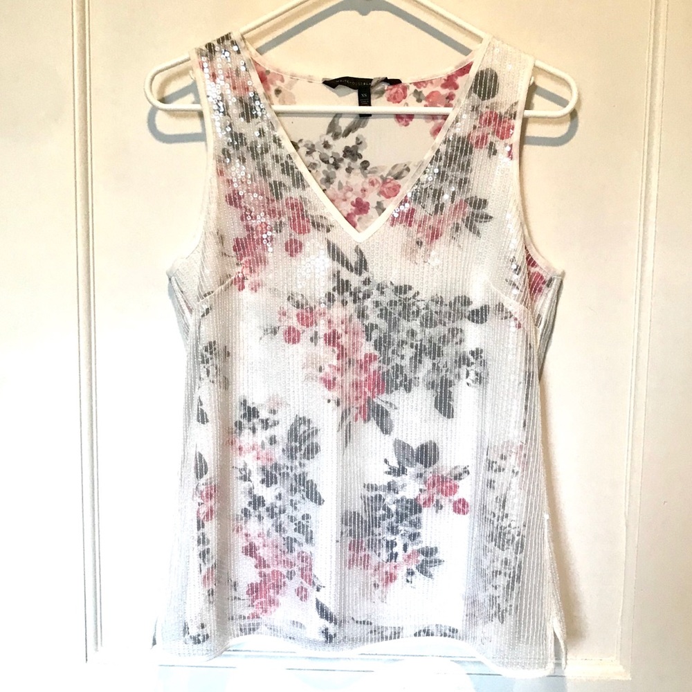 WHITE HOUSE BLACK MARKET Sequin Overlay Floral Top